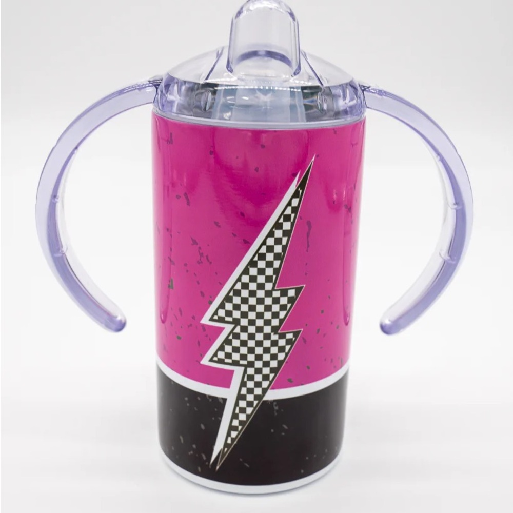 Samantha Busch Pink and Black Sippy Cup with Lightning Bolt